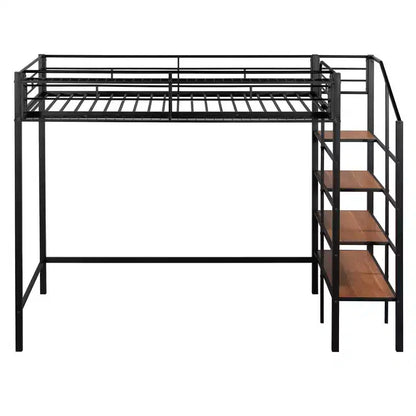 Lit mezzanine en métal pour lits jumeaux avec étagère de rangement supérieure en treillis, cadre de lit en métal robuste avec escalier de rangement pour chambre à coucher ou appartement