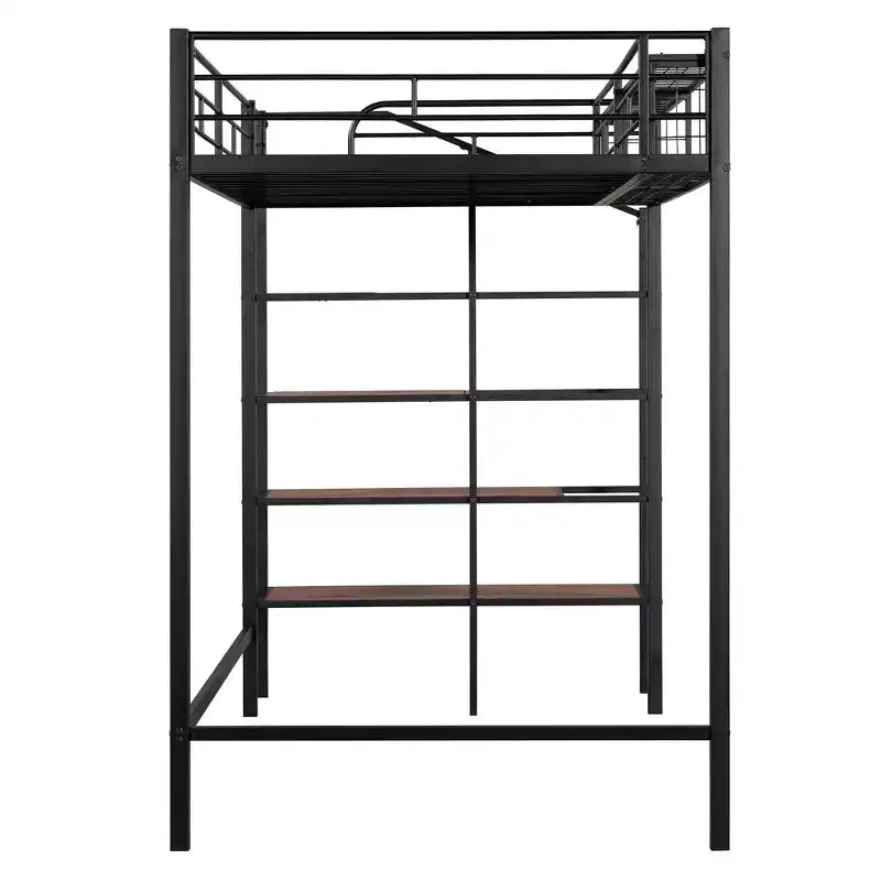 Lit mezzanine en métal pour lits jumeaux avec étagère de rangement supérieure en treillis, cadre de lit en métal robuste avec escalier de rangement pour chambre à coucher ou appartement