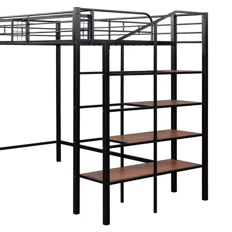 Lit mezzanine en métal pour lits jumeaux avec étagère de rangement supérieure en treillis, cadre de lit en métal robuste avec escalier de rangement pour chambre à coucher ou appartement