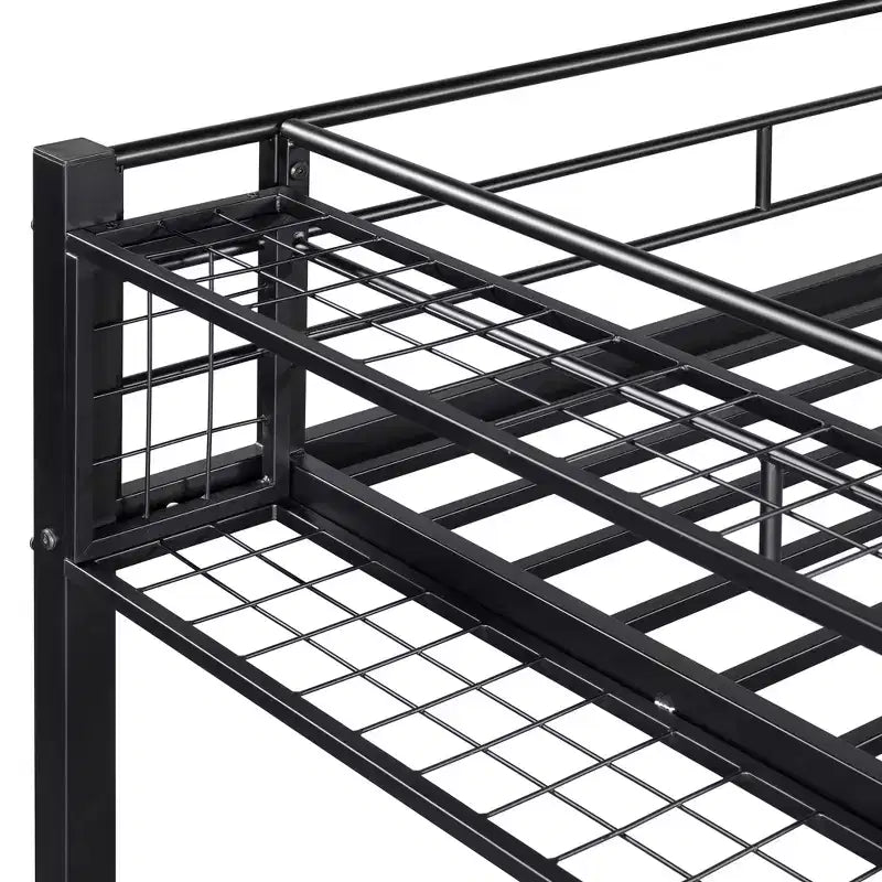 Lit mezzanine en métal pour lits jumeaux avec étagère de rangement supérieure en treillis, cadre de lit en métal robuste avec escalier de rangement pour chambre à coucher ou appartement