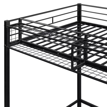 Lit mezzanine en métal pour lits jumeaux avec étagère de rangement supérieure en treillis, cadre de lit en métal robuste avec escalier de rangement pour chambre à coucher ou appartement