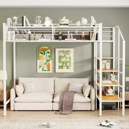 Lit mezzanine en métal pour lits jumeaux avec étagère de rangement supérieure en treillis, cadre de lit en métal robuste avec escalier de rangement pour chambre à coucher ou appartement