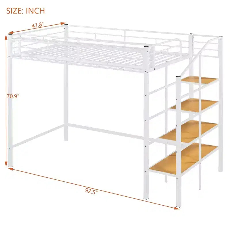 Lit mezzanine en métal pour lits jumeaux avec étagère de rangement supérieure en treillis, cadre de lit en métal robuste avec escalier de rangement pour chambre à coucher ou appartement