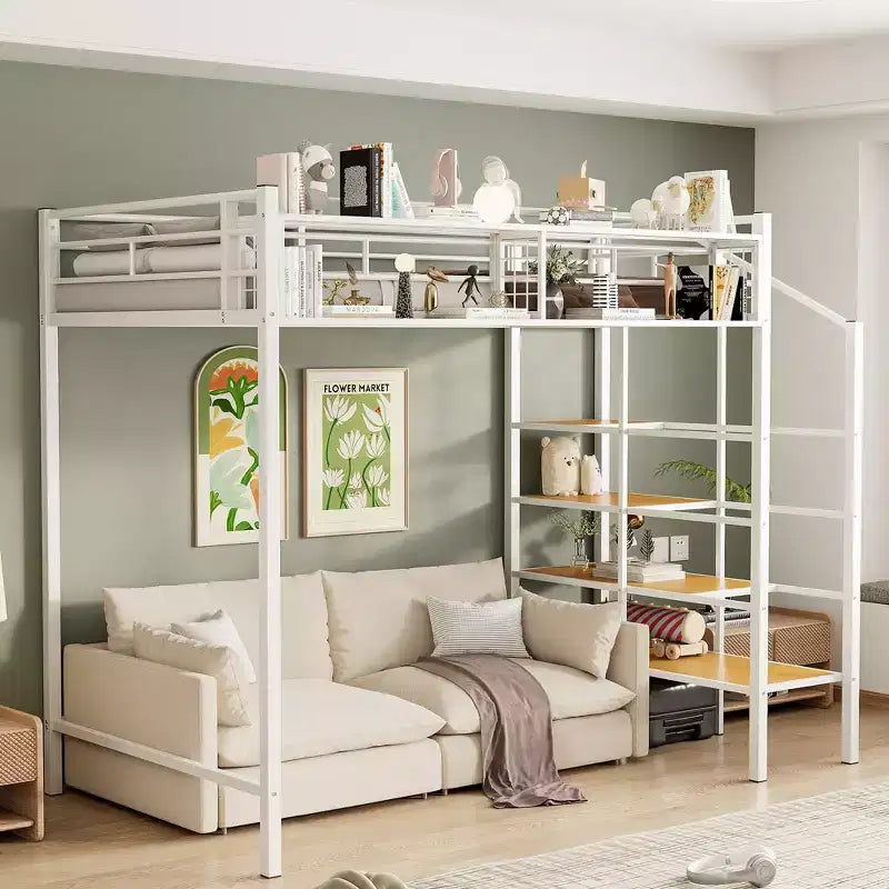 Lit mezzanine en métal pour lits jumeaux avec étagère de rangement supérieure en treillis, cadre de lit en métal robuste avec escalier de rangement pour chambre à coucher ou appartement