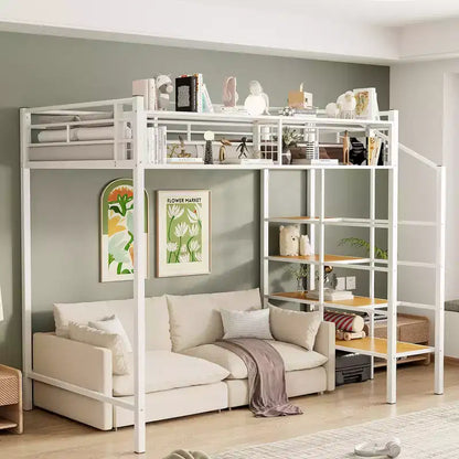 Lit mezzanine en métal pour lits jumeaux avec étagère de rangement supérieure en treillis, cadre de lit en métal robuste avec escalier de rangement pour chambre à coucher ou appartement