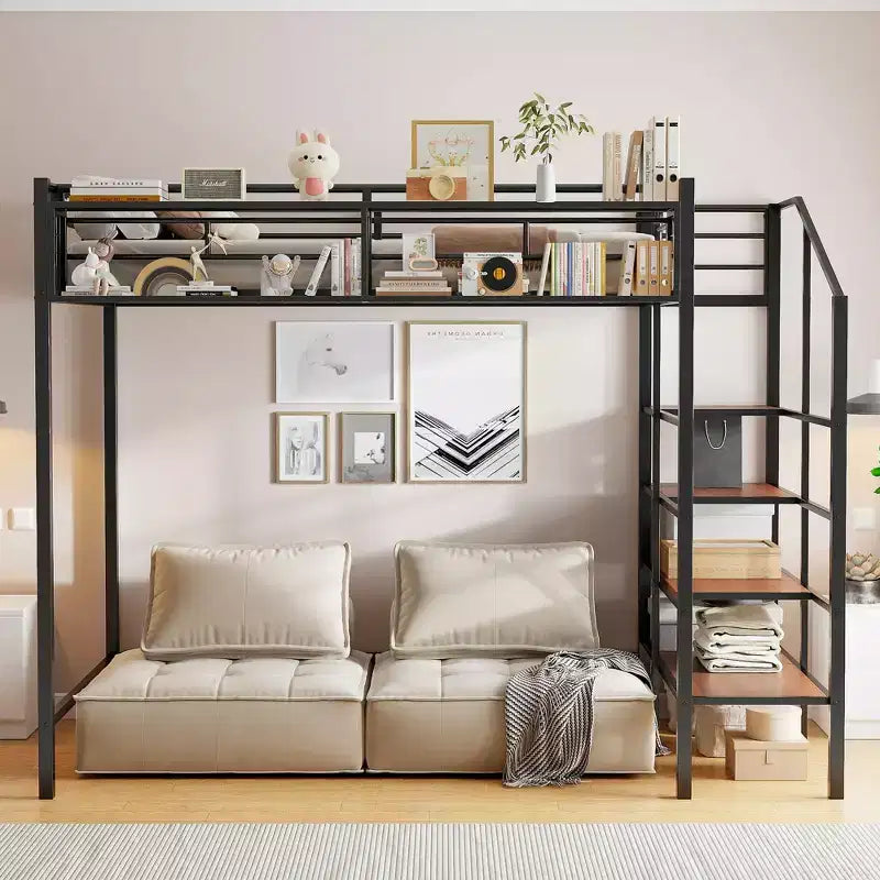 Lit mezzanine en métal pour lits jumeaux avec étagère de rangement supérieure en treillis, cadre de lit en métal robuste avec escalier de rangement pour chambre à coucher ou appartement