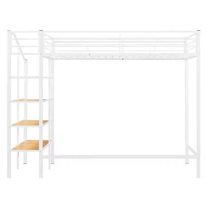 Lit mezzanine en métal pour lits jumeaux avec étagère de rangement supérieure en treillis, cadre de lit en métal robuste avec escalier de rangement pour chambre à coucher ou appartement