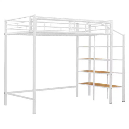 Lit mezzanine en métal pour lits jumeaux avec étagère de rangement supérieure en treillis, cadre de lit en métal robuste avec escalier de rangement pour chambre à coucher ou appartement