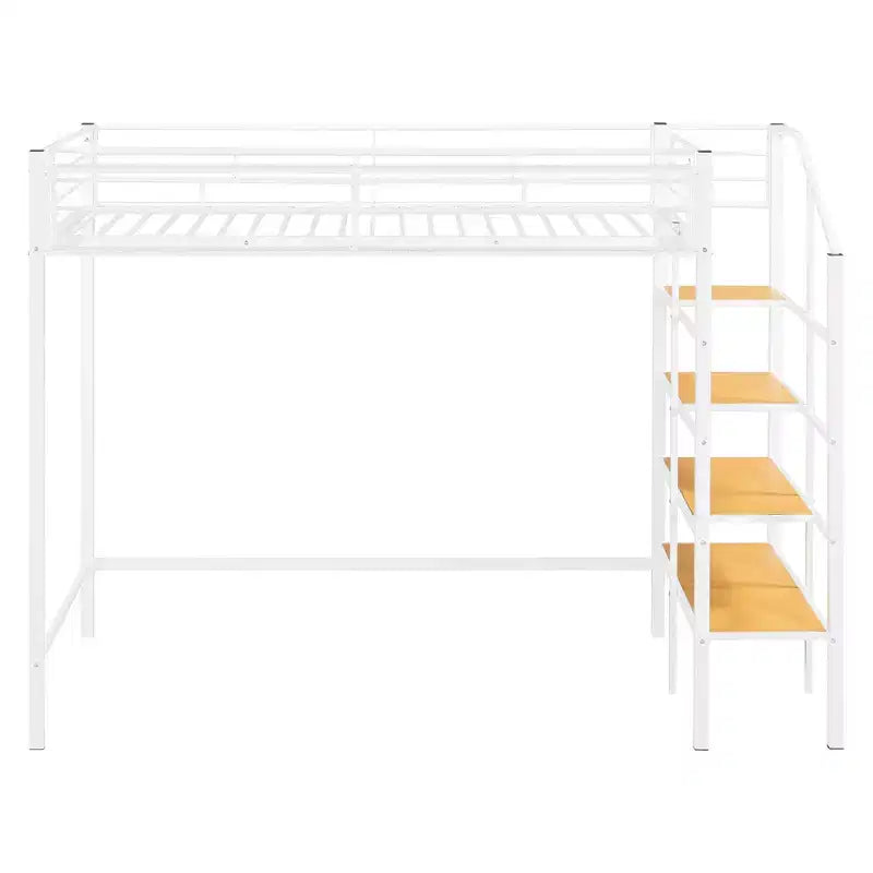 Lit mezzanine en métal pour lits jumeaux avec étagère de rangement supérieure en treillis, cadre de lit en métal robuste avec escalier de rangement pour chambre à coucher ou appartement