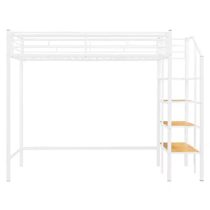 Lit mezzanine en métal pour lits jumeaux avec étagère de rangement supérieure en treillis, cadre de lit en métal robuste avec escalier de rangement pour chambre à coucher ou appartement
