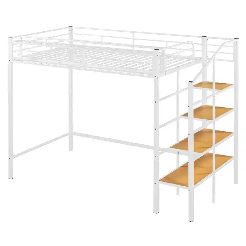Lit mezzanine en métal pour lits jumeaux avec étagère de rangement supérieure en treillis, cadre de lit en métal robuste avec escalier de rangement pour chambre à coucher ou appartement