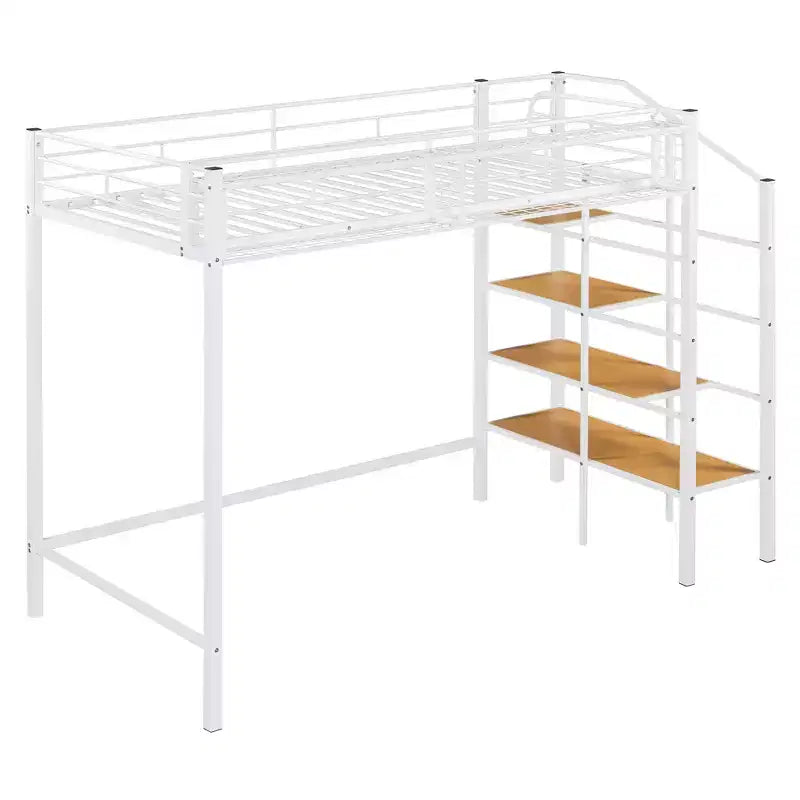 Lit mezzanine en métal pour lits jumeaux avec étagère de rangement supérieure en treillis, cadre de lit en métal robuste avec escalier de rangement pour chambre à coucher ou appartement