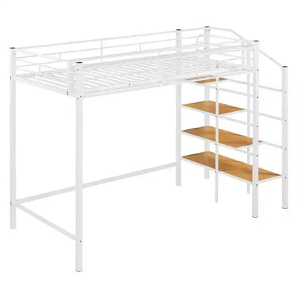 Lit mezzanine en métal pour lits jumeaux avec étagère de rangement supérieure en treillis, cadre de lit en métal robuste avec escalier de rangement pour chambre à coucher ou appartement