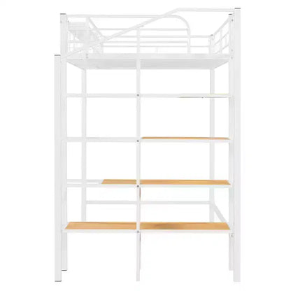 Lit mezzanine en métal pour lits jumeaux avec étagère de rangement supérieure en treillis, cadre de lit en métal robuste avec escalier de rangement pour chambre à coucher ou appartement