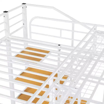 Lit mezzanine en métal pour lits jumeaux avec étagère de rangement supérieure en treillis, cadre de lit en métal robuste avec escalier de rangement pour chambre à coucher ou appartement