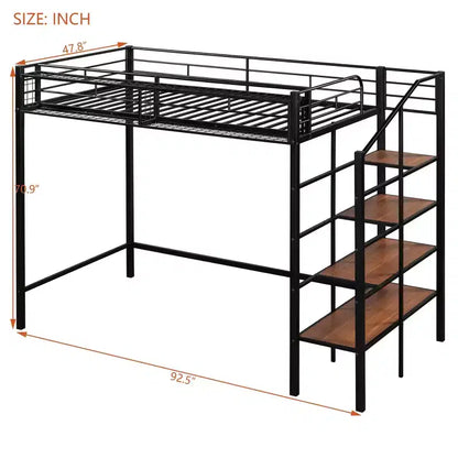 Lit mezzanine en métal pour lits jumeaux avec étagère de rangement supérieure en treillis, cadre de lit en métal robuste avec escalier de rangement pour chambre à coucher ou appartement