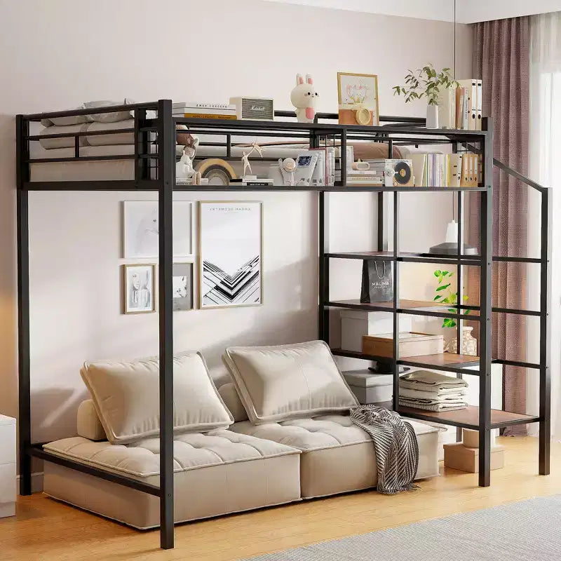 Lit mezzanine en métal pour lits jumeaux avec étagère de rangement supérieure en treillis, cadre de lit en métal robuste avec escalier de rangement pour chambre à coucher ou appartement