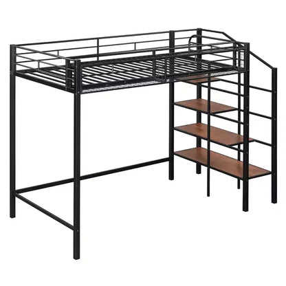 Lit mezzanine en métal pour lits jumeaux avec étagère de rangement supérieure en treillis, cadre de lit en métal robuste avec escalier de rangement pour chambre à coucher ou appartement