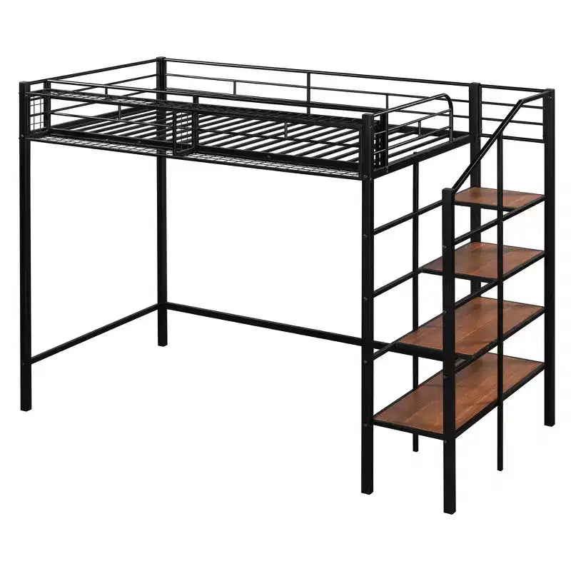 Lit mezzanine en métal pour lits jumeaux avec étagère de rangement supérieure en treillis, cadre de lit en métal robuste avec escalier de rangement pour chambre à coucher ou appartement