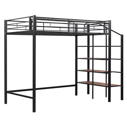 Lit mezzanine en métal pour lits jumeaux avec étagère de rangement supérieure en treillis, cadre de lit en métal robuste avec escalier de rangement pour chambre à coucher ou appartement