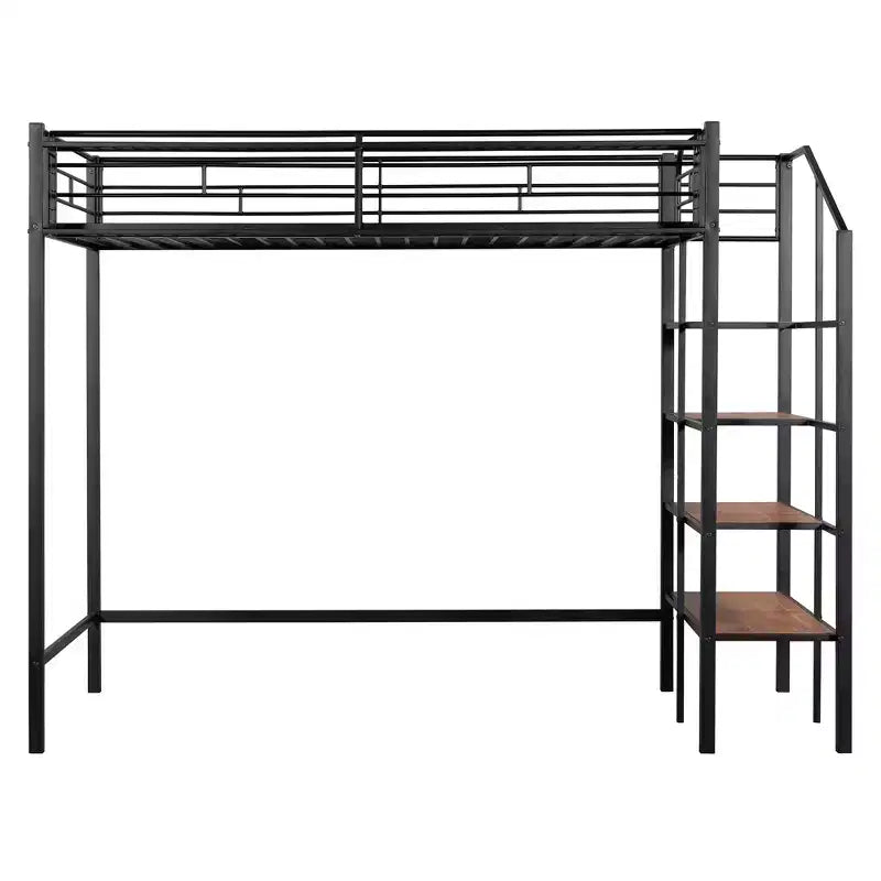 Lit mezzanine en métal pour lits jumeaux avec étagère de rangement supérieure en treillis, cadre de lit en métal robuste avec escalier de rangement pour chambre à coucher ou appartement