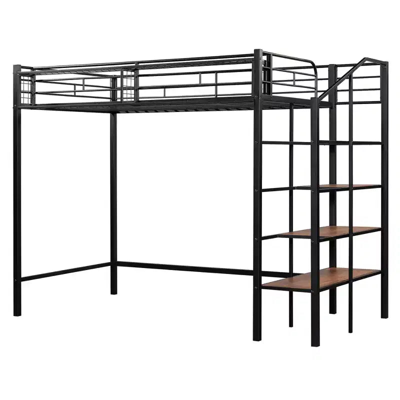 Lit mezzanine en métal pour lits jumeaux avec étagère de rangement supérieure en treillis, cadre de lit en métal robuste avec escalier de rangement pour chambre à coucher ou appartement