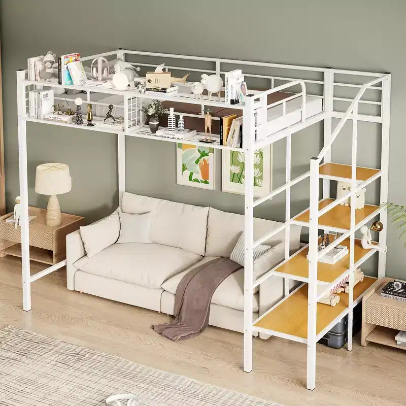 Lit mezzanine en métal pour lits jumeaux avec étagère de rangement supérieure en treillis, cadre de lit en métal robuste avec escalier de rangement pour chambre à coucher ou appartement