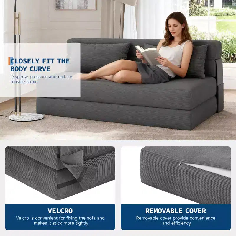 Fauteuil-lit pliant convertible – Canapé-futon en lin avec oreiller pour salon, chambre, dortoir, appartement, bureau à domicile – Gris foncé