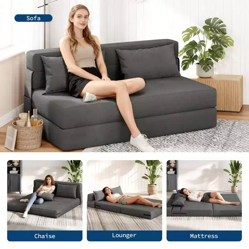 Fauteuil-lit pliant convertible – Canapé-futon en lin avec oreiller pour salon, chambre, dortoir, appartement, bureau à domicile – Gris foncé