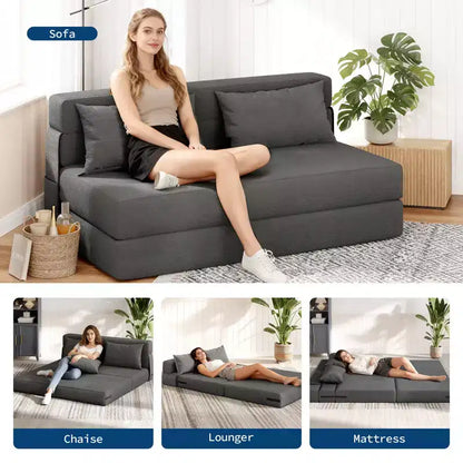 Fauteuil-lit pliant convertible – Canapé-futon en lin avec oreiller pour salon, chambre, dortoir, appartement, bureau à domicile – Gris foncé