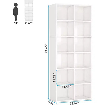 Lantine Bibliothèque étroite de 180 cm de haut, étagère moderne blanche avec 12 casiers de rangement pour bureau à domicile, verticale ou horizontale