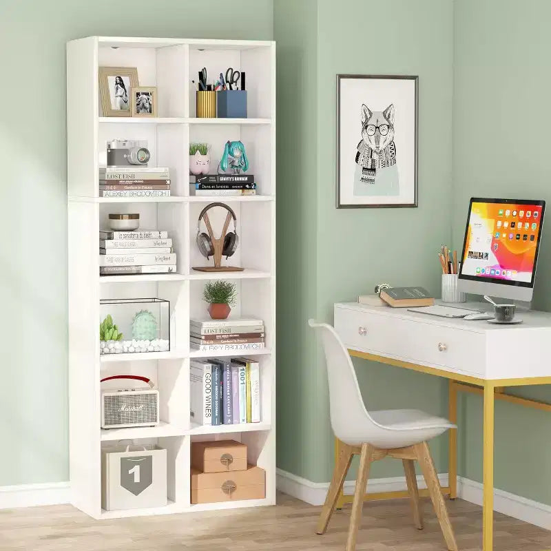 Lantine Bibliothèque étroite de 180 cm de haut, étagère moderne blanche avec 12 casiers de rangement pour bureau à domicile, verticale ou horizontale