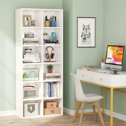 Lantine Bibliothèque étroite de 180 cm de haut, étagère moderne blanche avec 12 casiers de rangement pour bureau à domicile, verticale ou horizontale