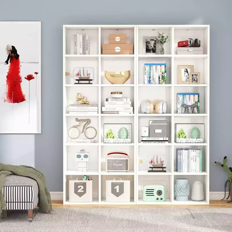 Lantine Bibliothèque étroite de 180 cm de haut, étagère moderne blanche avec 12 casiers de rangement pour bureau à domicile, verticale ou horizontale