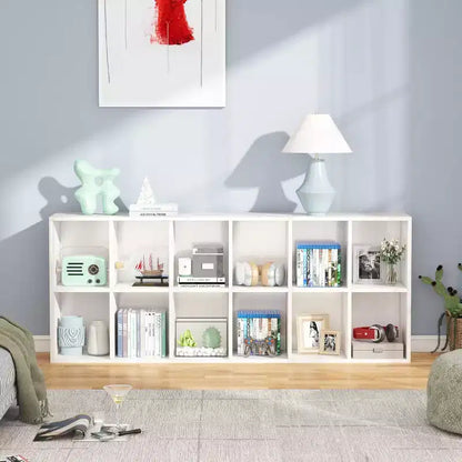 Lantine Bibliothèque étroite de 180 cm de haut, étagère moderne blanche avec 12 casiers de rangement pour bureau à domicile, verticale ou horizontale