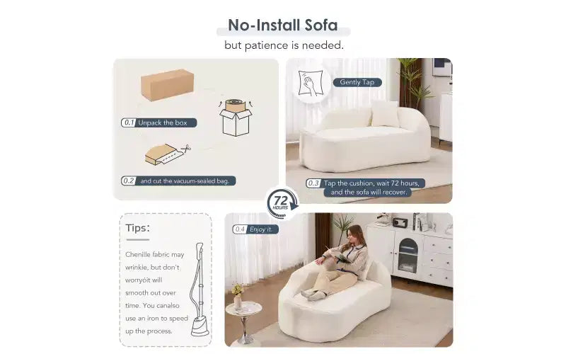Chaise longue incurvée Whisen Compression, canapé moderne en chenille avec assise profonde et convertible, 1 oreiller - Blanc laiteux