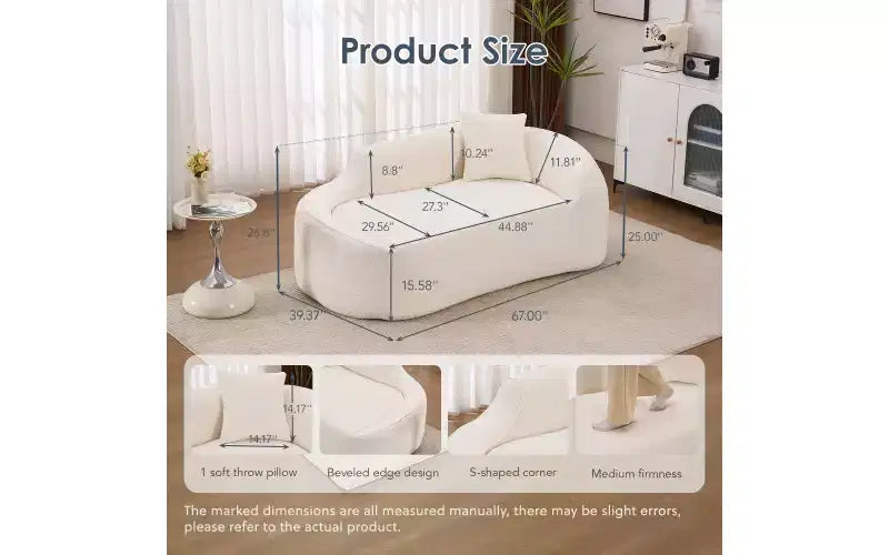 Chaise longue incurvée Whisen Compression, canapé moderne en chenille avec assise profonde et convertible, 1 oreiller - Blanc laiteux
