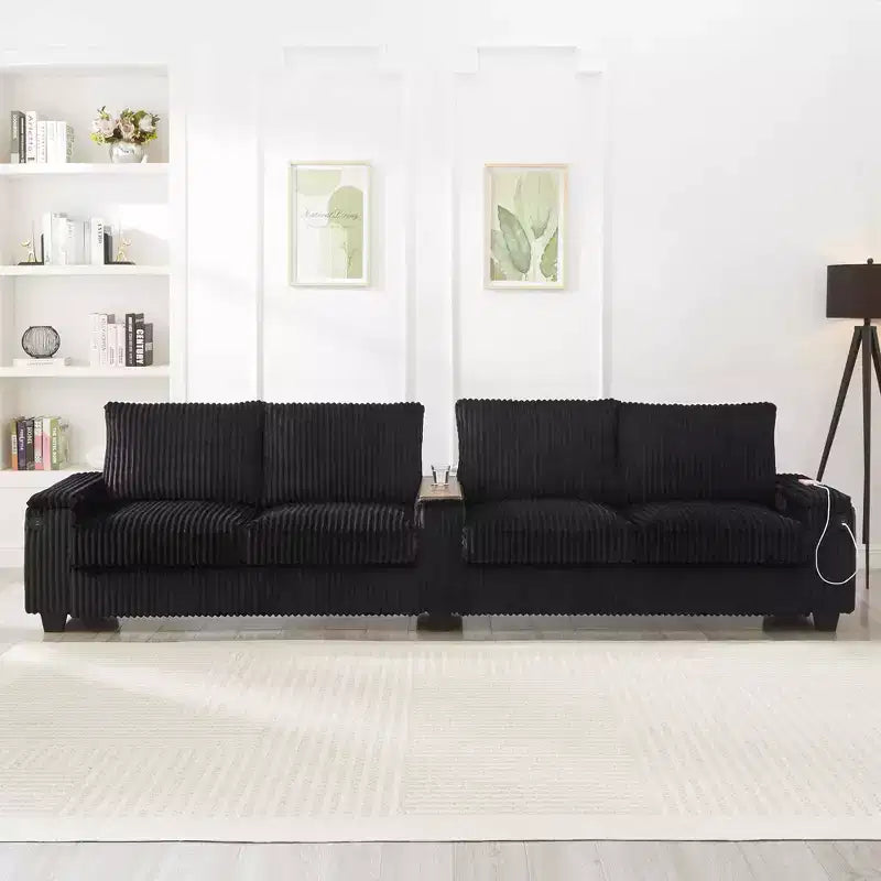 MAYEERTY 4 Seater Corduroy Sofa Couch 133 Modern Sofa with Ports Hidden Storage Arms Flip Top Cup Holders for Living Room Black
