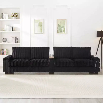 MAYEERTY 4 Seater Corduroy Sofa Couch 133 Modern Sofa with Ports Hidden Storage Arms Flip Top Cup Holders for Living Room Black