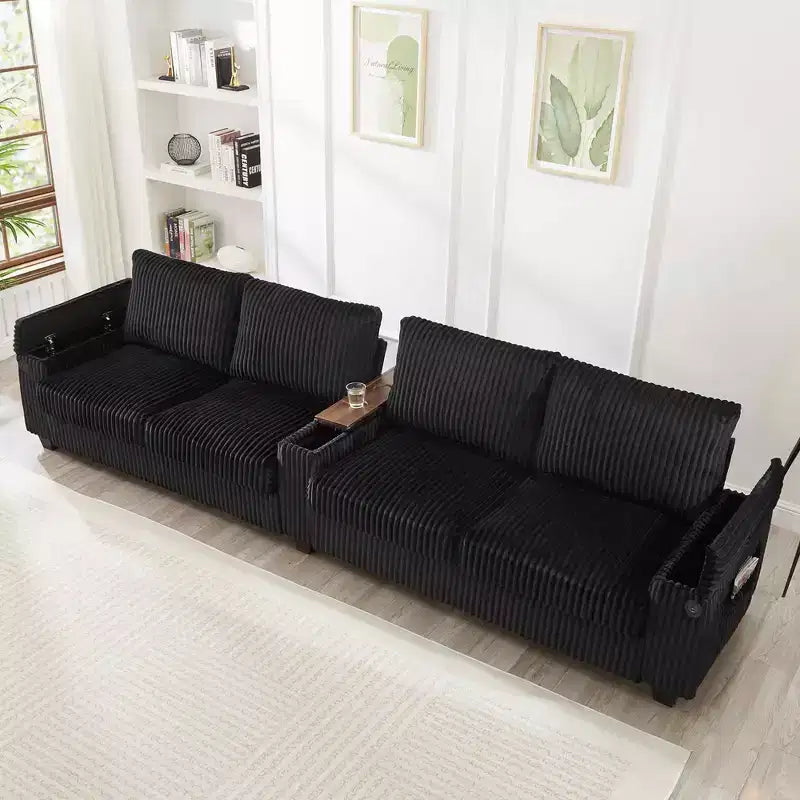 MAYEERTY Canapé 4 places en velours côtelé 133 Canapé moderne avec ports Accoudoirs de rangement dissimulés Porte-gobelets rabattables pour salon Noir