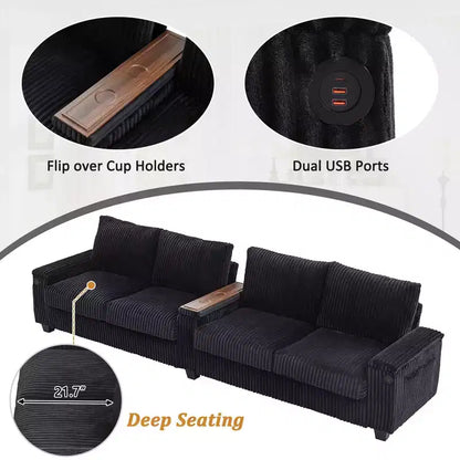 MAYEERTY Canapé 4 places en velours côtelé 133 Canapé moderne avec ports Accoudoirs de rangement dissimulés Porte-gobelets rabattables pour salon Noir