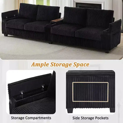 MAYEERTY Canapé 4 places en velours côtelé 133 Canapé moderne avec ports Accoudoirs de rangement dissimulés Porte-gobelets rabattables pour salon Noir