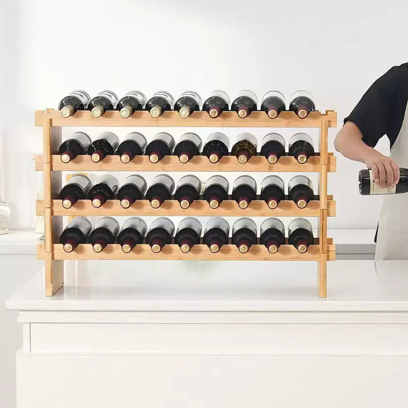 Porte-bouteilles de vin en bambou à 4 niveaux, étagère de rangement empilable autoportante pour cuisine ou bar, 36 bouteilles