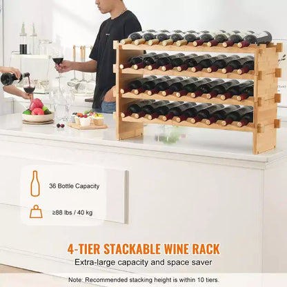 Porte-bouteilles de vin en bambou à 4 niveaux, étagère de rangement empilable autoportante pour cuisine ou bar, 36 bouteilles