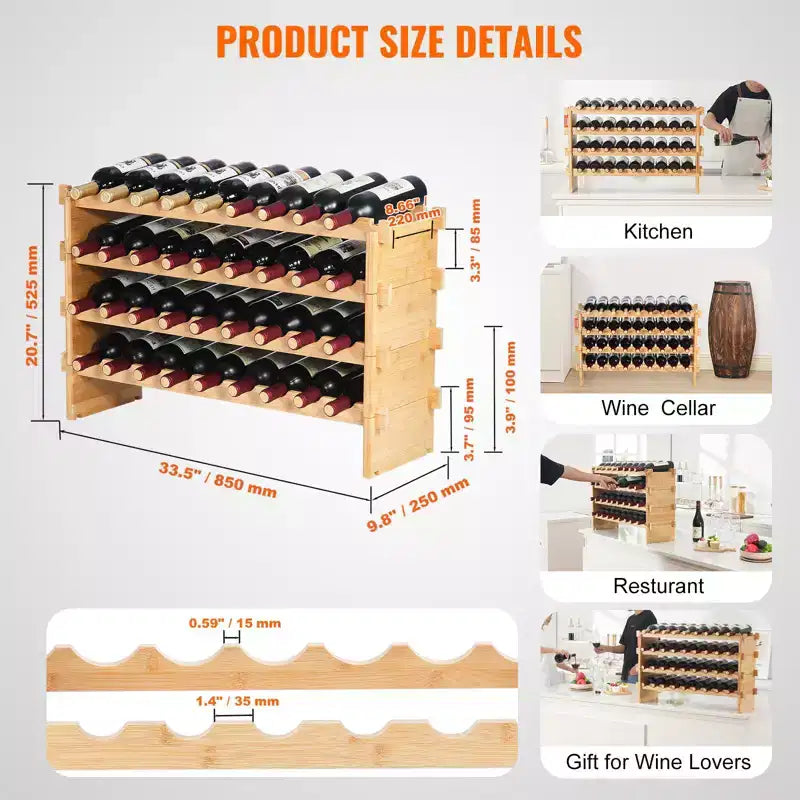 Porte-bouteilles de vin en bambou à 4 niveaux, étagère de rangement empilable autoportante pour cuisine ou bar, 36 bouteilles