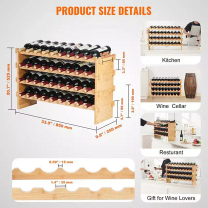 Porte-bouteilles de vin en bambou à 4 niveaux, étagère de rangement empilable autoportante pour cuisine ou bar, 36 bouteilles