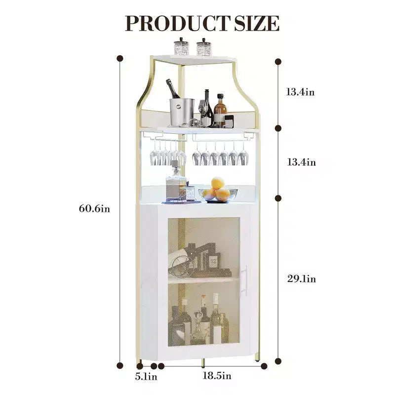 Meuble d'angle de bar industriel avec lumières, rangement à 5 niveaux, étagère en verre et porte-bouteilles amovibles, étagères réglables, buffet à liqueur peu encombrant