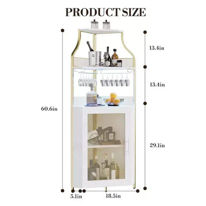Meuble d'angle de bar industriel avec lumières, rangement à 5 niveaux, étagère en verre et porte-bouteilles amovibles, étagères réglables, buffet à liqueur peu encombrant