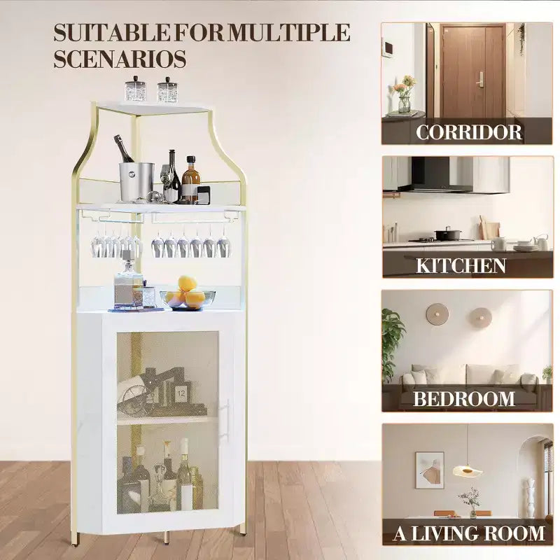 Meuble d'angle de bar industriel avec lumières, rangement à 5 niveaux, étagère en verre et porte-bouteilles amovibles, étagères réglables, buffet à liqueur peu encombrant