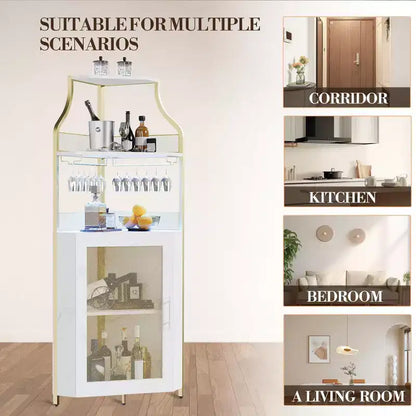 Meuble d'angle de bar industriel avec lumières, rangement à 5 niveaux, étagère en verre et porte-bouteilles amovibles, étagères réglables, buffet à liqueur peu encombrant